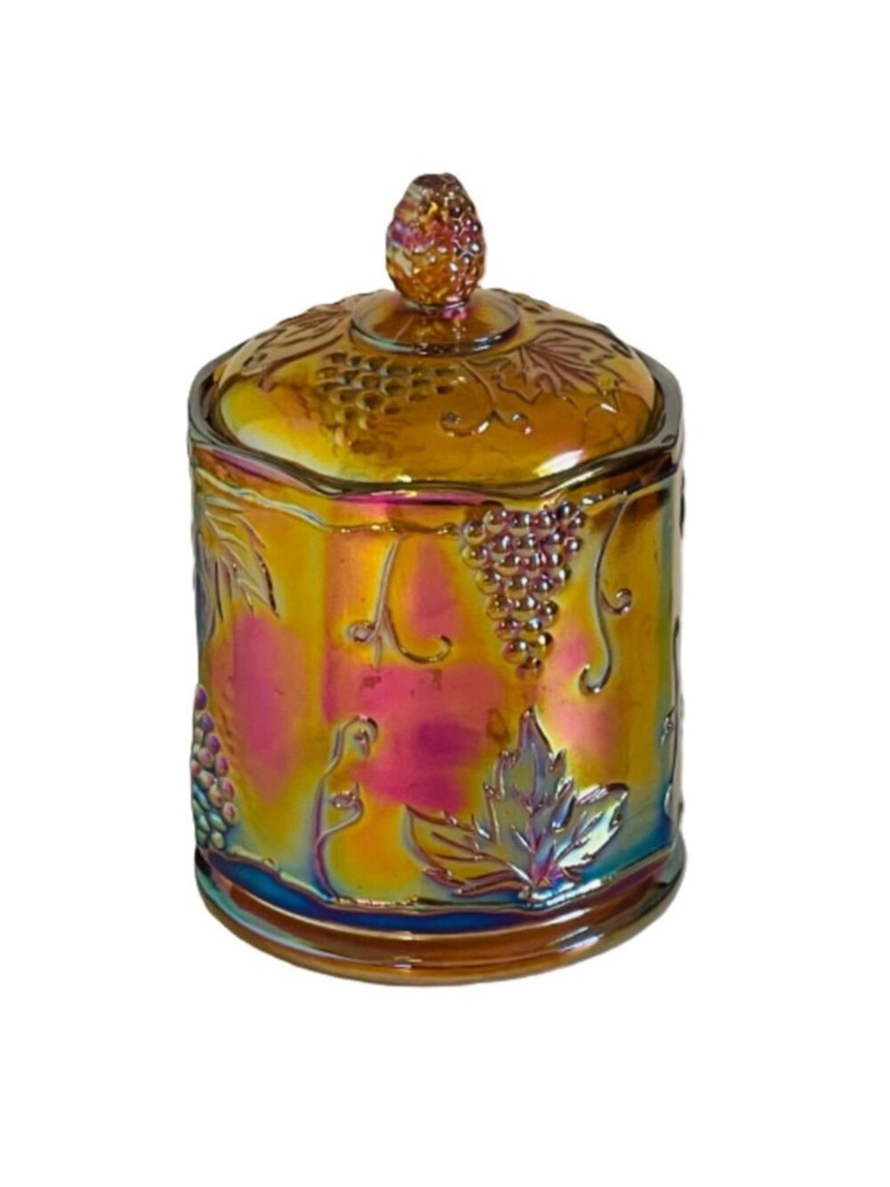 Vintage Marigold Carnival Glass Canister Jar Harvest Grape Pattern Lidded Dish